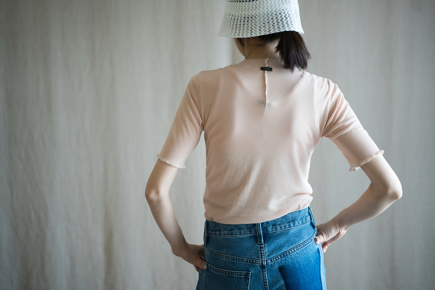 Sheer Rib Crew neck Half-Sleeved T/Pale Pink