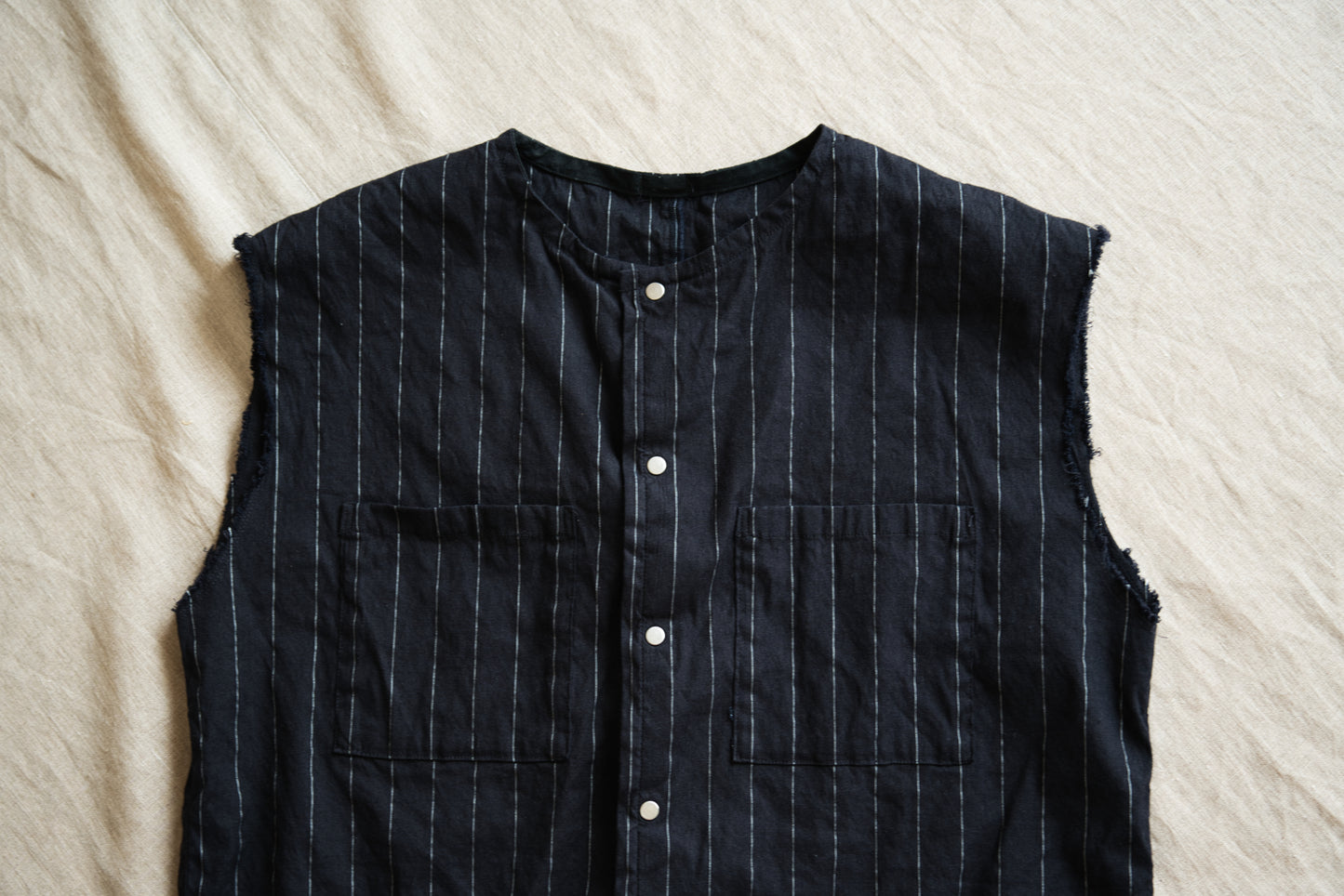 Linen Rayon Pinstripes Sleeveless/Midnight Navy(White Pins)