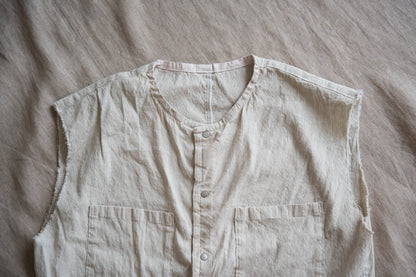 Linen Rayon Pinstripes Sleeveless/Ecru(White Pins)