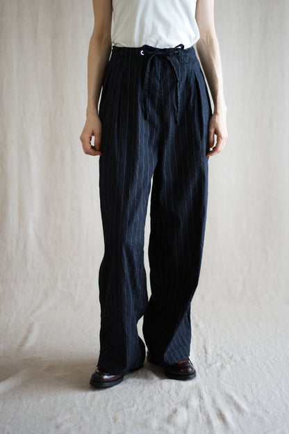 Linen Rayon Pinstripes Pants/Midnight Navy(White Pins)