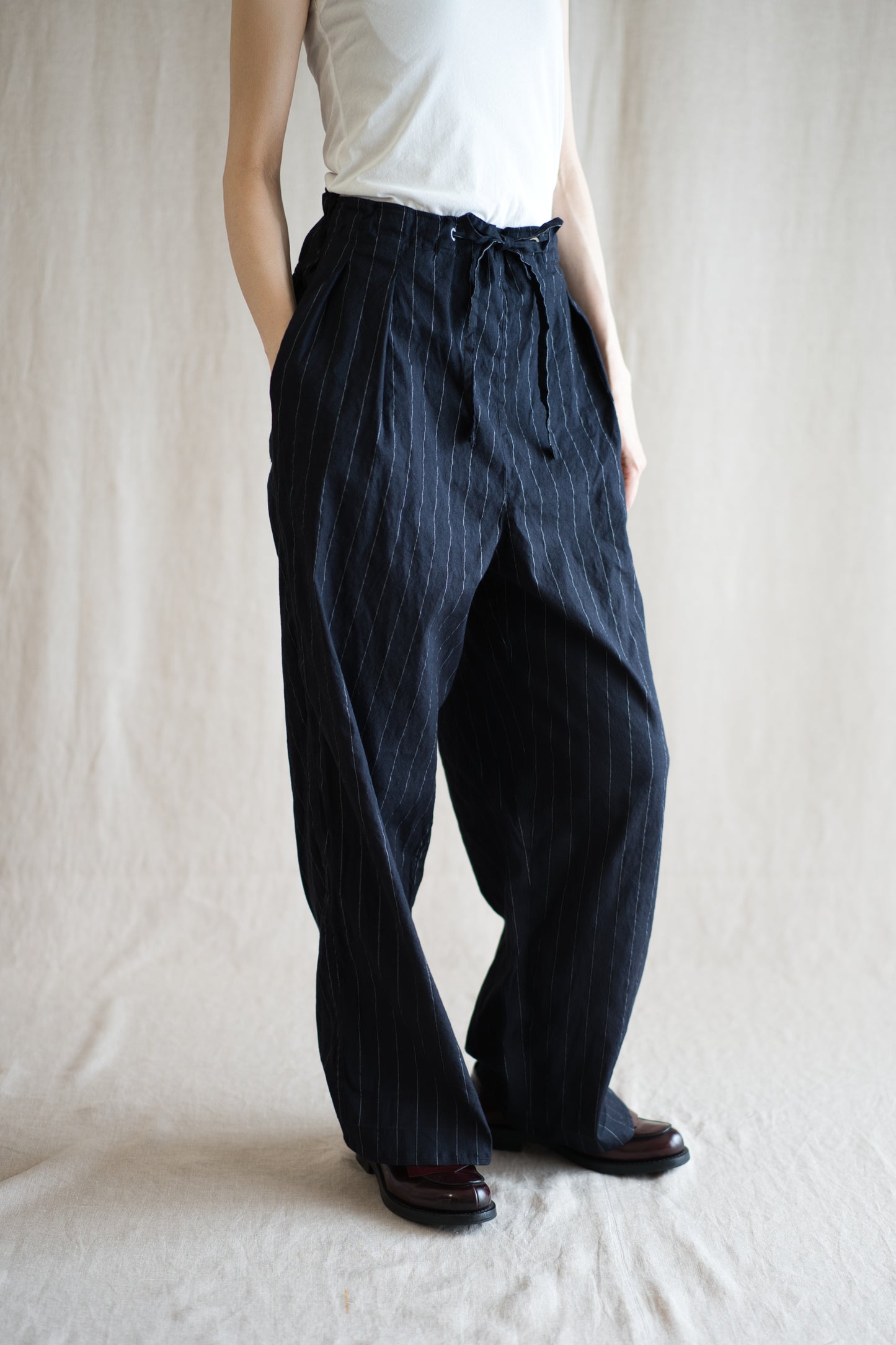 Linen Rayon Pinstripes Pants/Midnight Navy(White Pins)