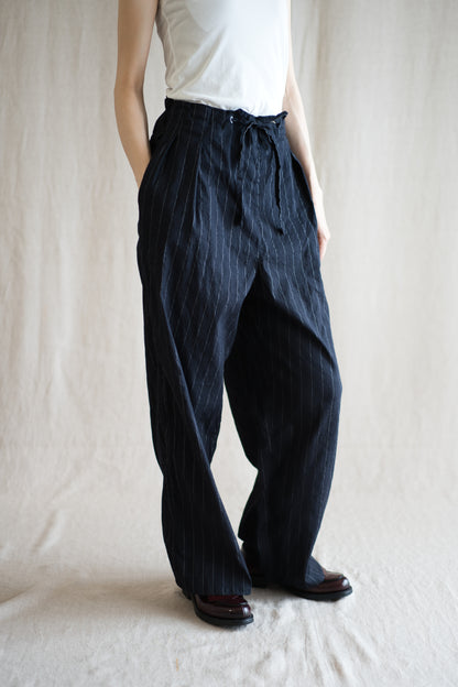 Linen Rayon Pinstripes Pants/Midnight Navy(White Pins)