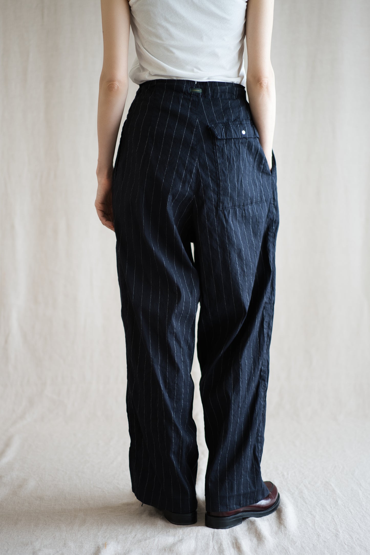Linen Rayon Pinstripes Pants/Midnight Navy(White Pins)