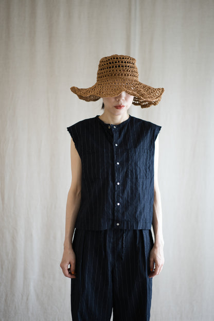 Linen Rayon Pinstripes Sleeveless/Midnight Navy(White Pins)