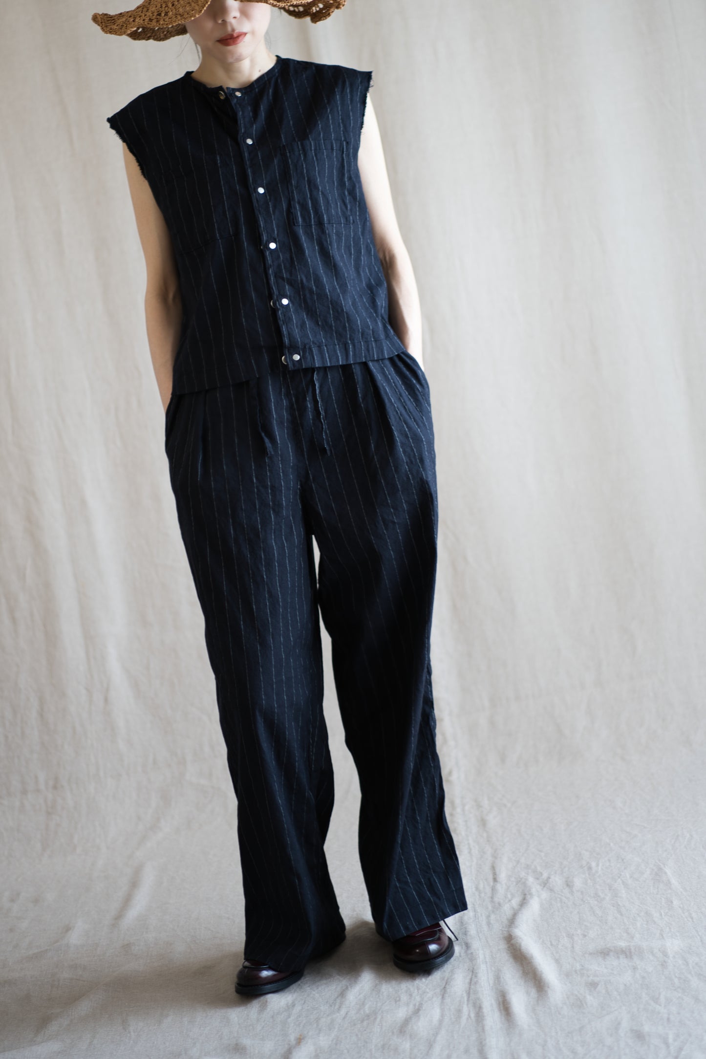 Linen Rayon Pinstripes Pants/Midnight Navy(White Pins)