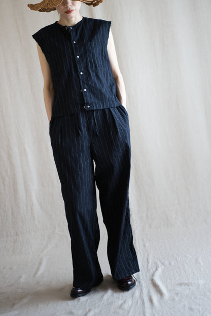 Linen Rayon Pinstripes Pants/Midnight Navy(White Pins)