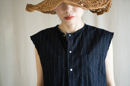 Linen Rayon Pinstripes Sleeveless/Midnight Navy(White Pins)