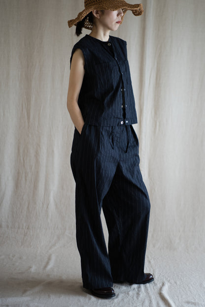 Linen Rayon Pinstripes Pants/Midnight Navy(White Pins)