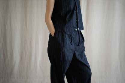 Linen Rayon Pinstripes Pants/Midnight Navy(White Pins)