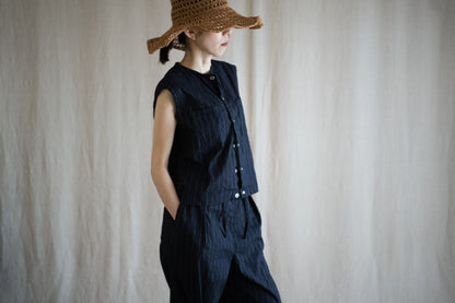 Linen Rayon Pinstripes Sleeveless/Midnight Navy(White Pins)