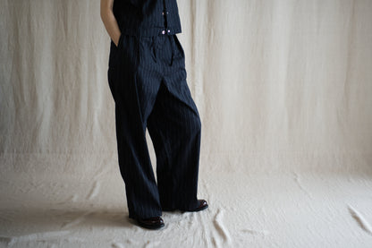 Linen Rayon Pinstripes Pants/Midnight Navy(White Pins)