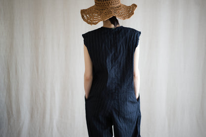 Linen Rayon Pinstripes Sleeveless/Midnight Navy(White Pins)