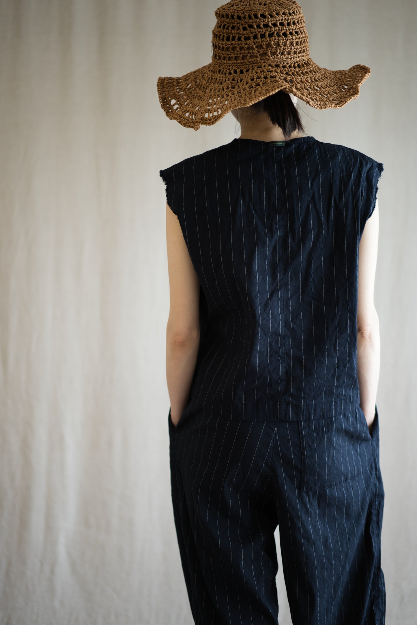 Linen Rayon Pinstripes Pants/Midnight Navy(White Pins)