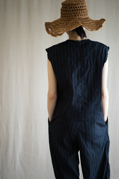 Linen Rayon Pinstripes Pants/Midnight Navy(White Pins)