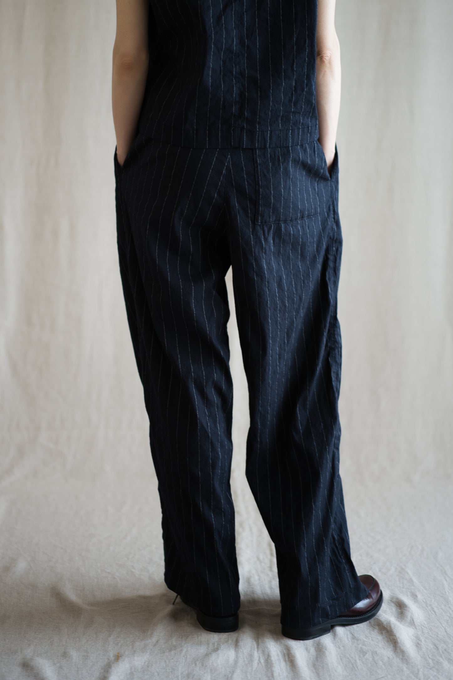 Linen Rayon Pinstripes Pants/Midnight Navy(White Pins)