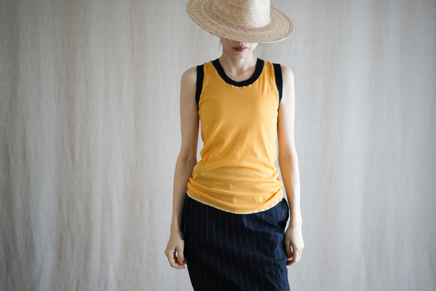 Sheer Rib RInger Tank-Top/Orange(Navy)