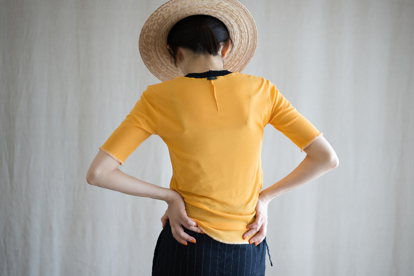 Sheer Rib RInger Half Sleeve/Orange(Navy)