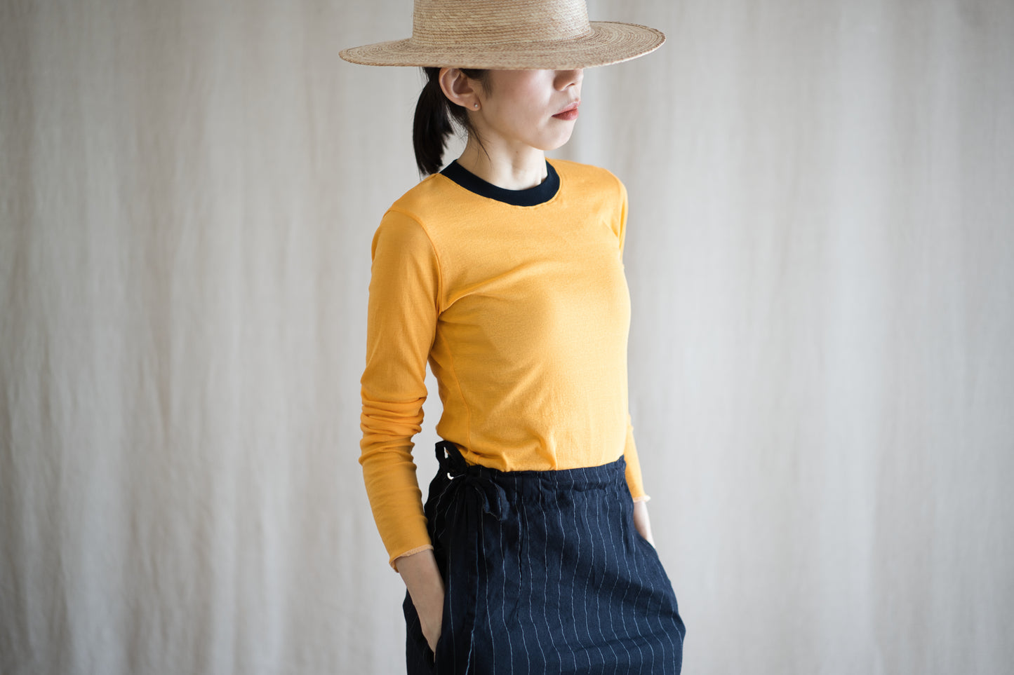 Sheer Rib RInger Long Sleeve/Orange(Navy)