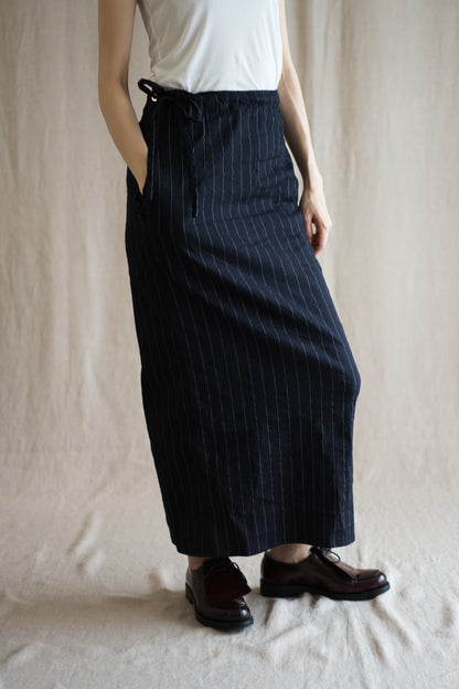 Linen Rayon Pinstripes Skirt/Midnight Navy(White Pins)