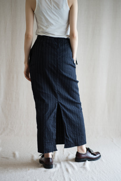 Linen Rayon Pinstripes Skirt/Midnight Navy(White Pins)