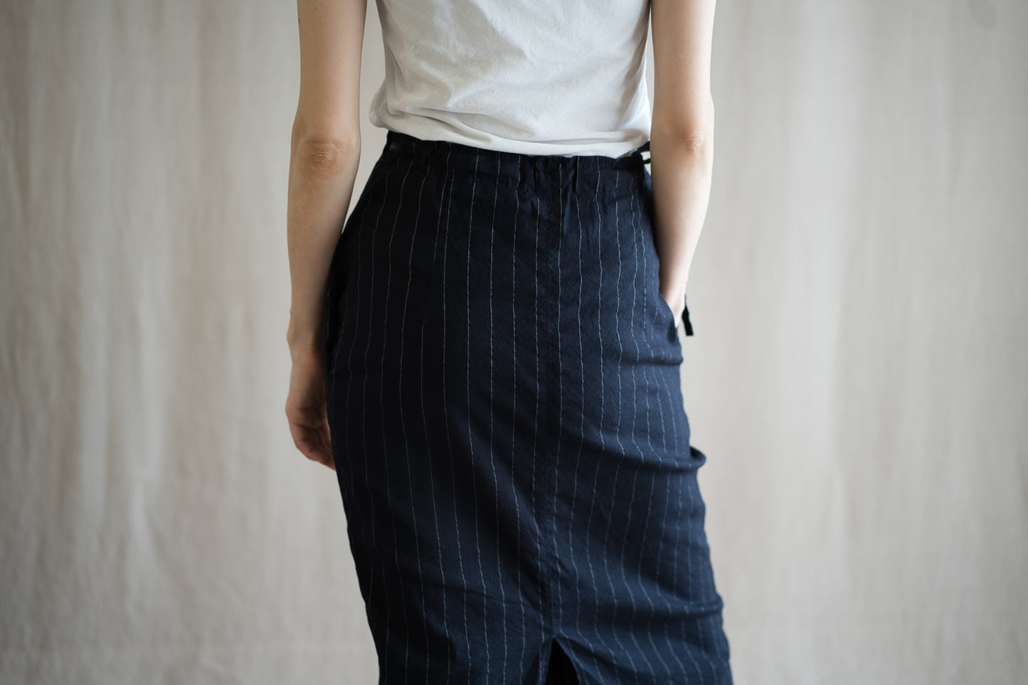Linen Rayon Pinstripes Skirt/Midnight Navy(White Pins)