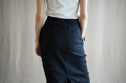 Linen Rayon Pinstripes Skirt/Midnight Navy(White Pins)
