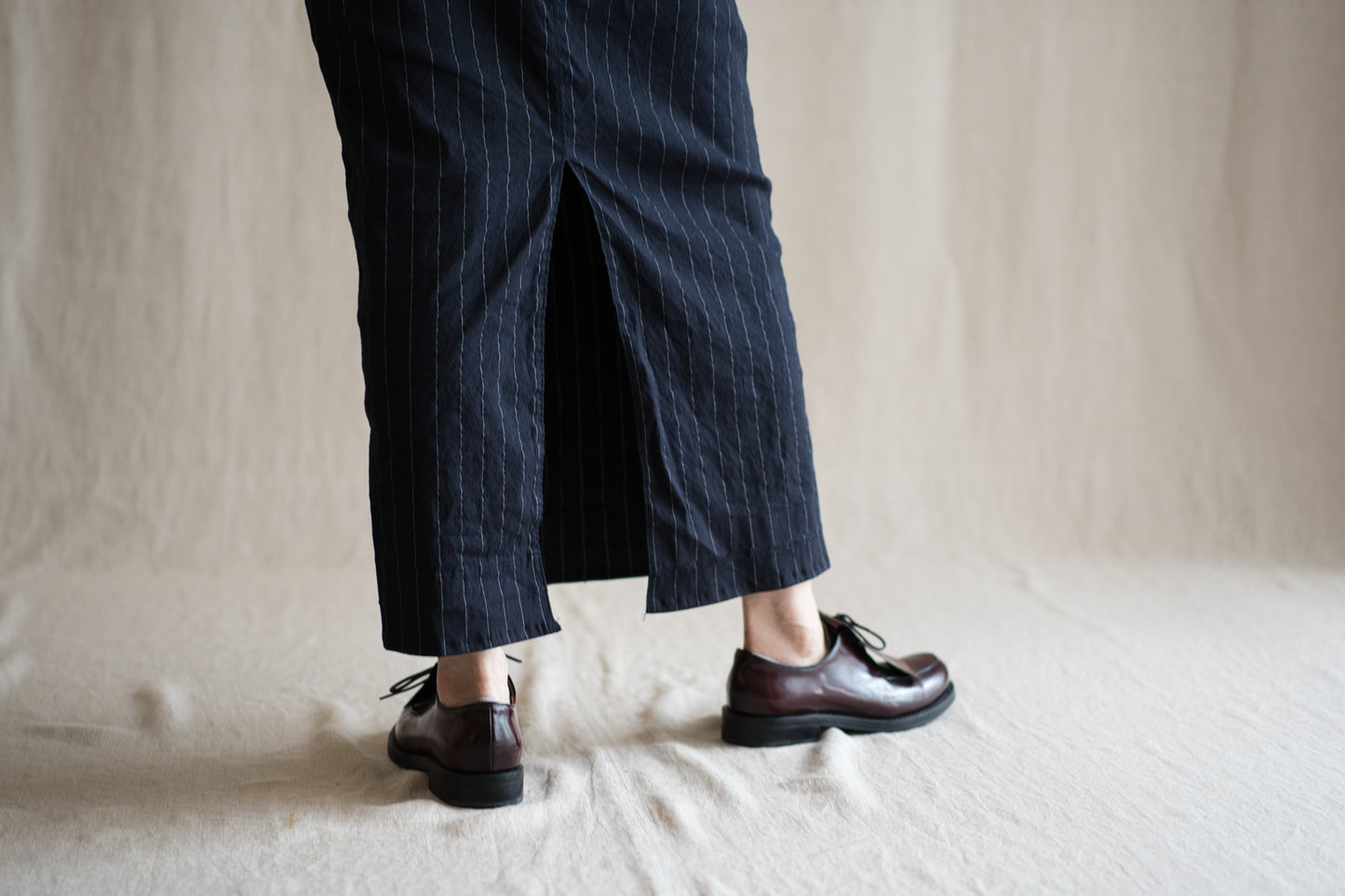 Linen Rayon Pinstripes Skirt/Midnight Navy(White Pins)