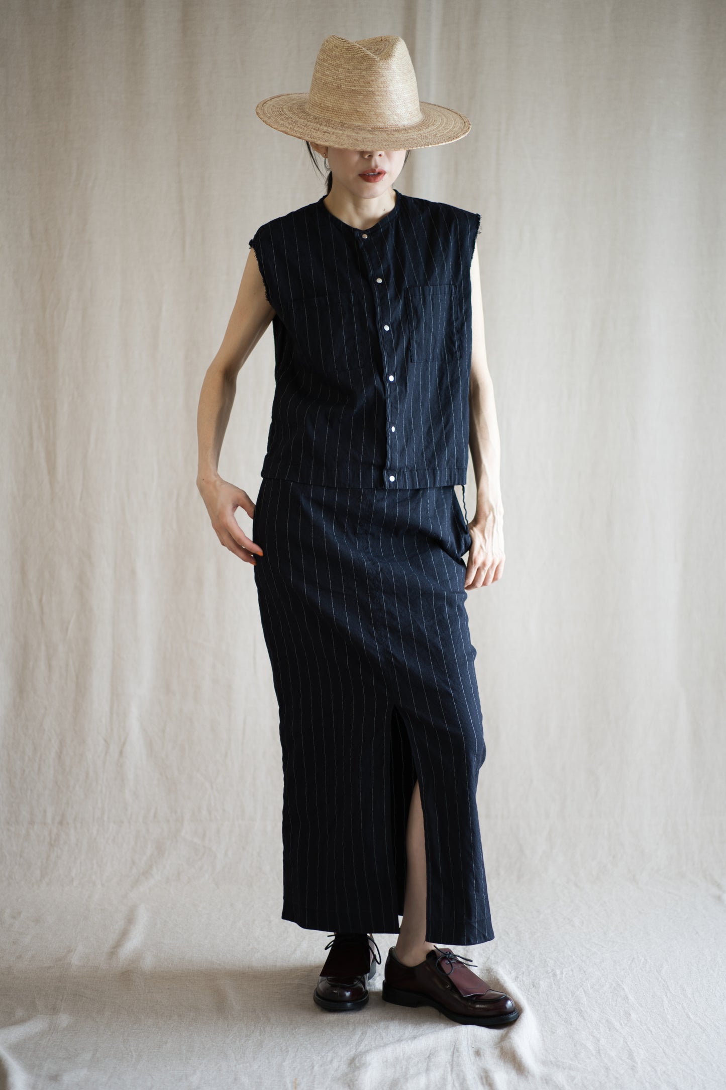 Linen Rayon Pinstripes Skirt/Midnight Navy(White Pins)