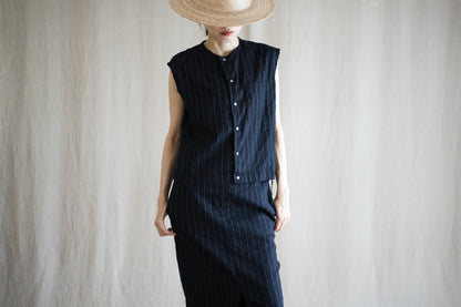 Linen Rayon Pinstripes Sleeveless/Midnight Navy(White Pins)