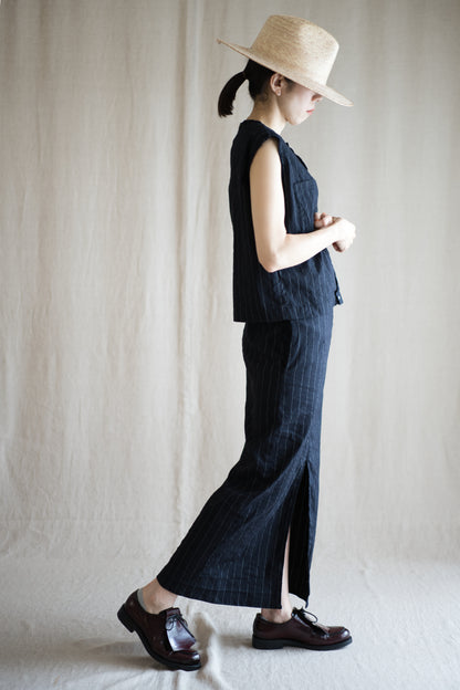 Linen Rayon Pinstripes Skirt/Midnight Navy(White Pins)