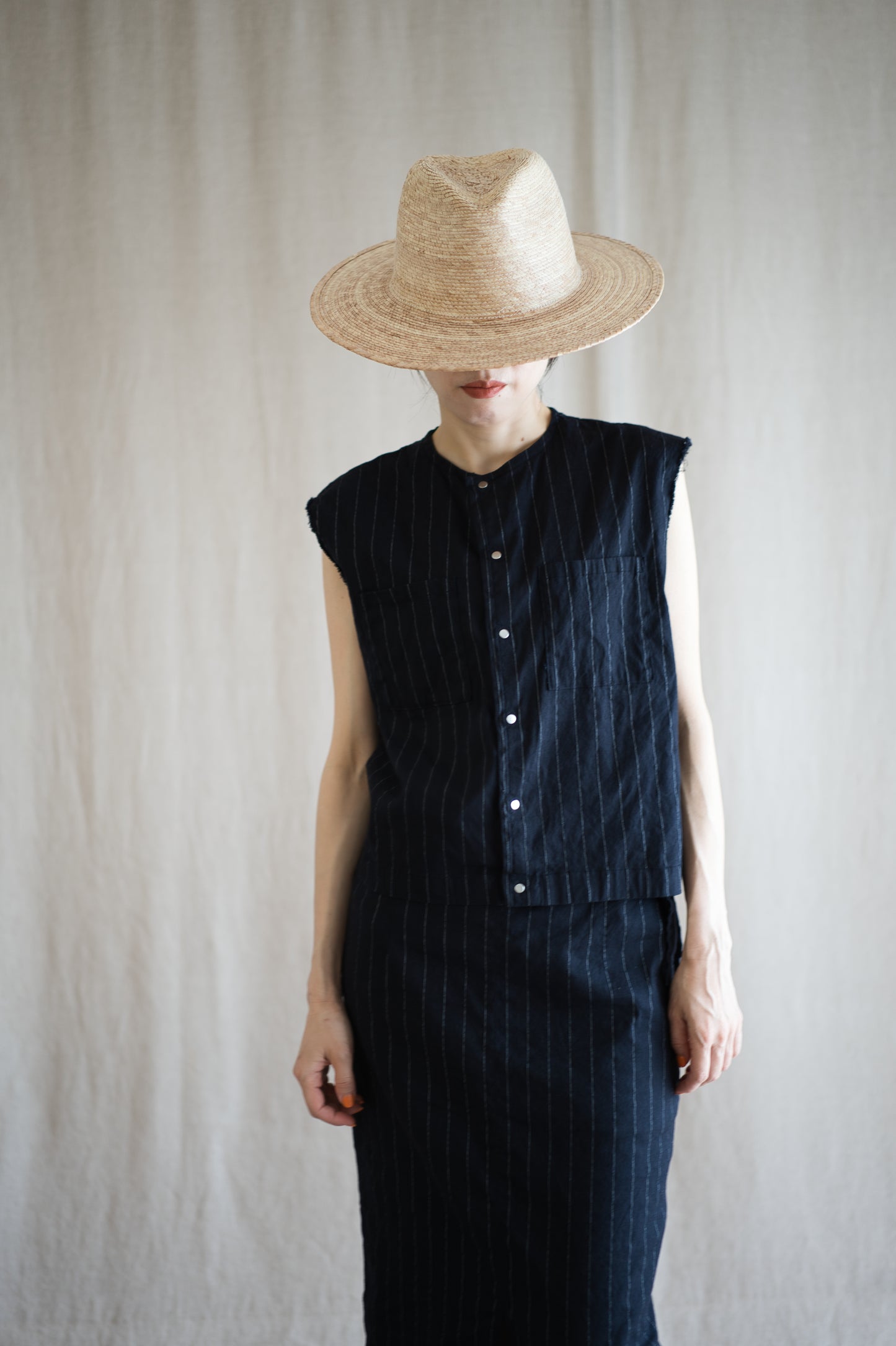 Linen Rayon Pinstripes Skirt/Midnight Navy(White Pins)