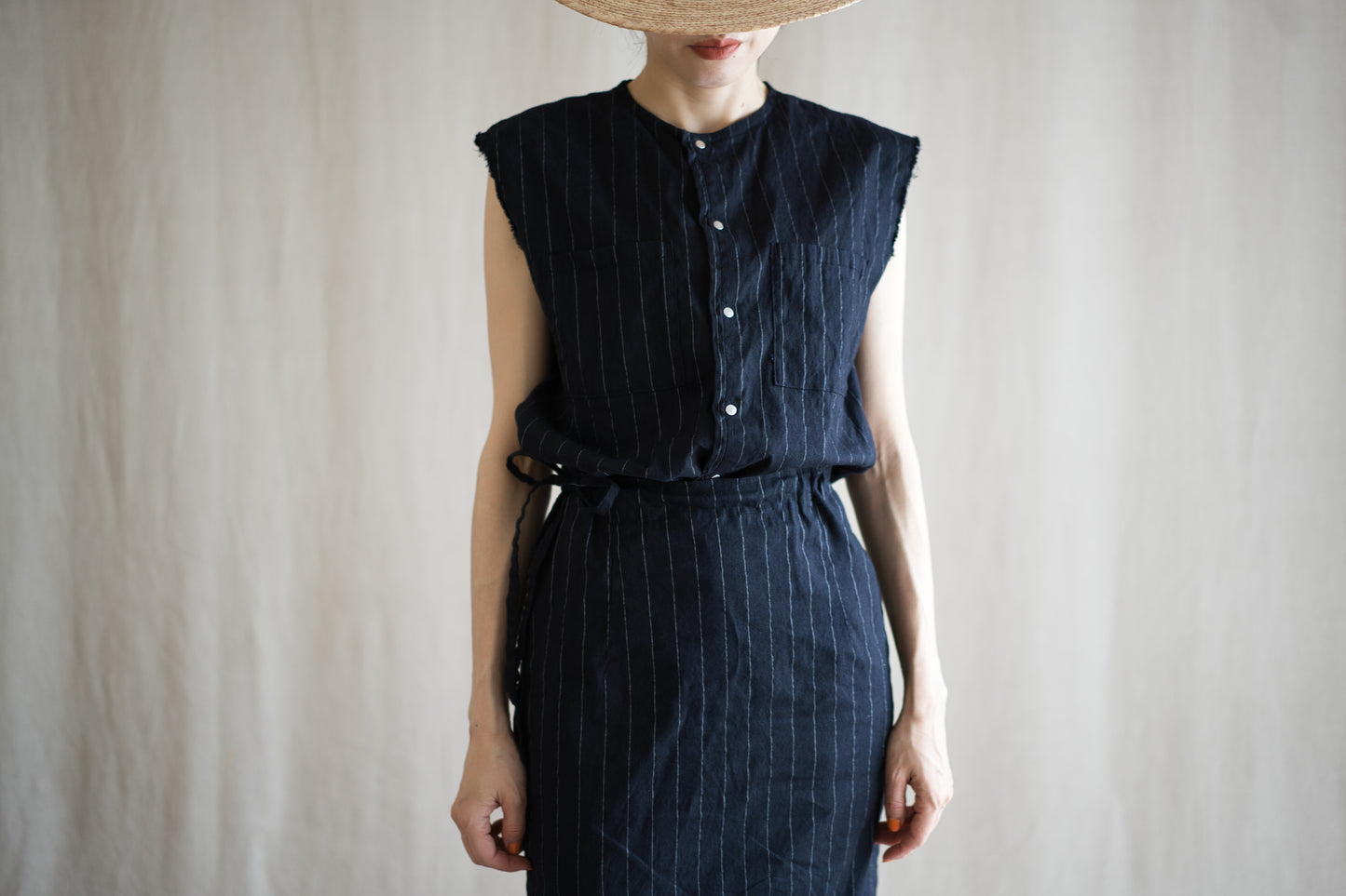 Linen Rayon Pinstripes Skirt/Midnight Navy(White Pins)