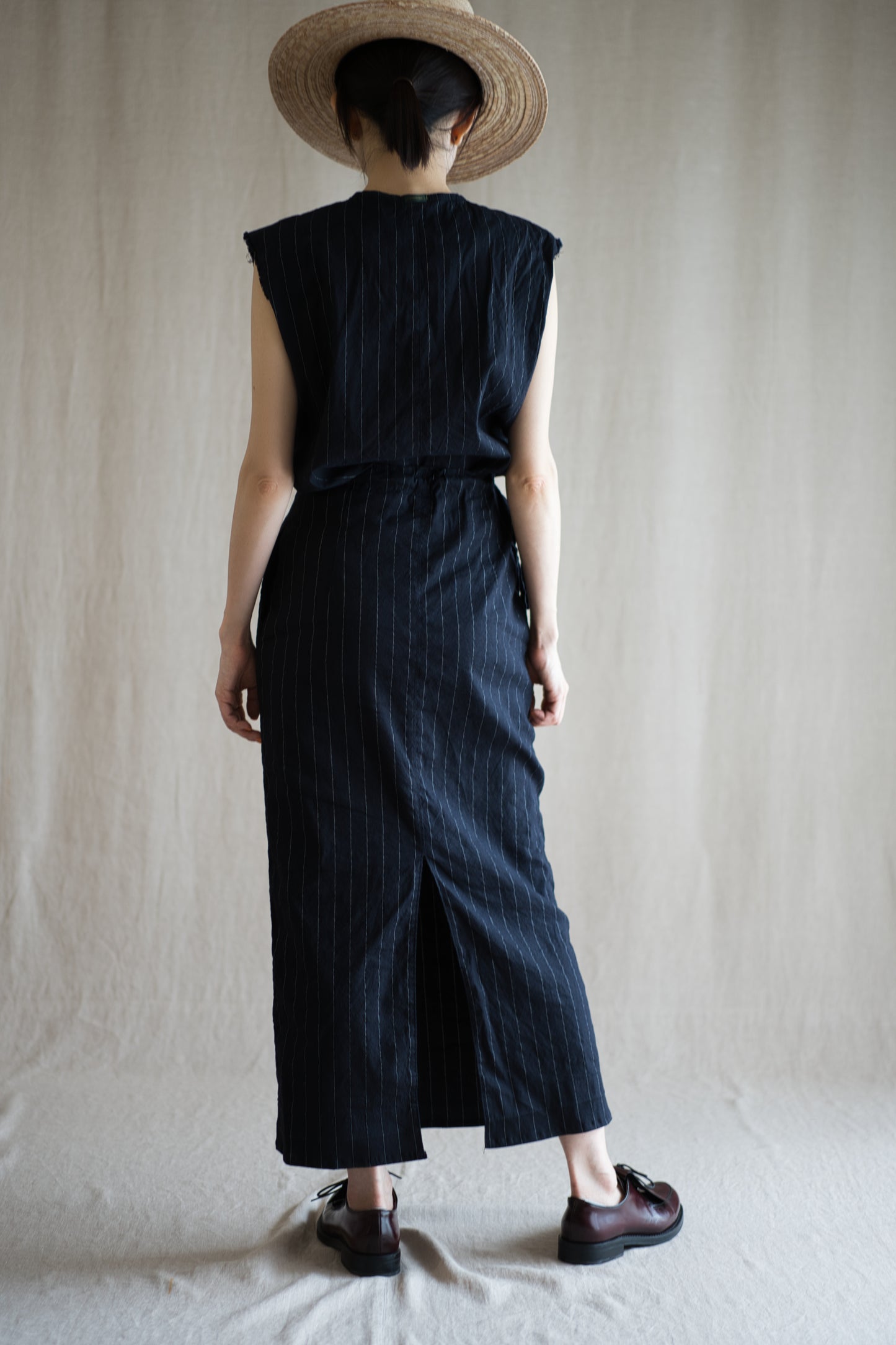 Linen Rayon Pinstripes Skirt/Midnight Navy(White Pins)