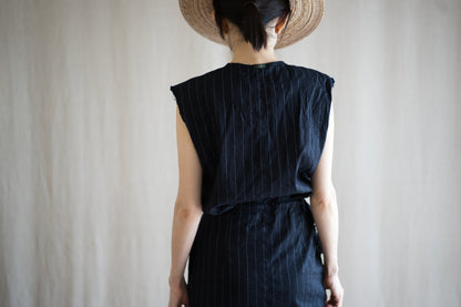 Linen Rayon Pinstripes Sleeveless/Midnight Navy(White Pins)