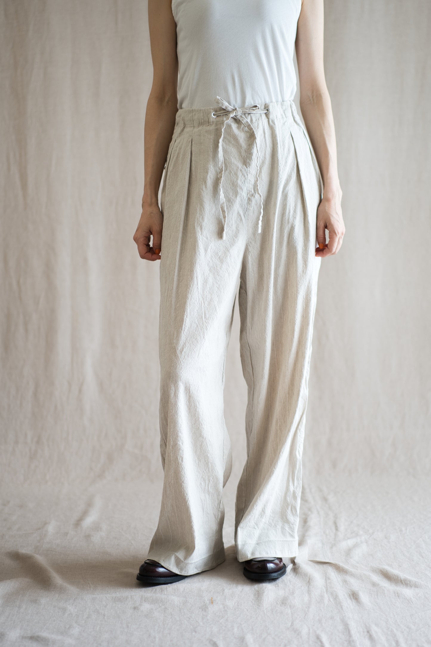 Linen Rayon Pinstripes Pants/Ecru(White Pins)