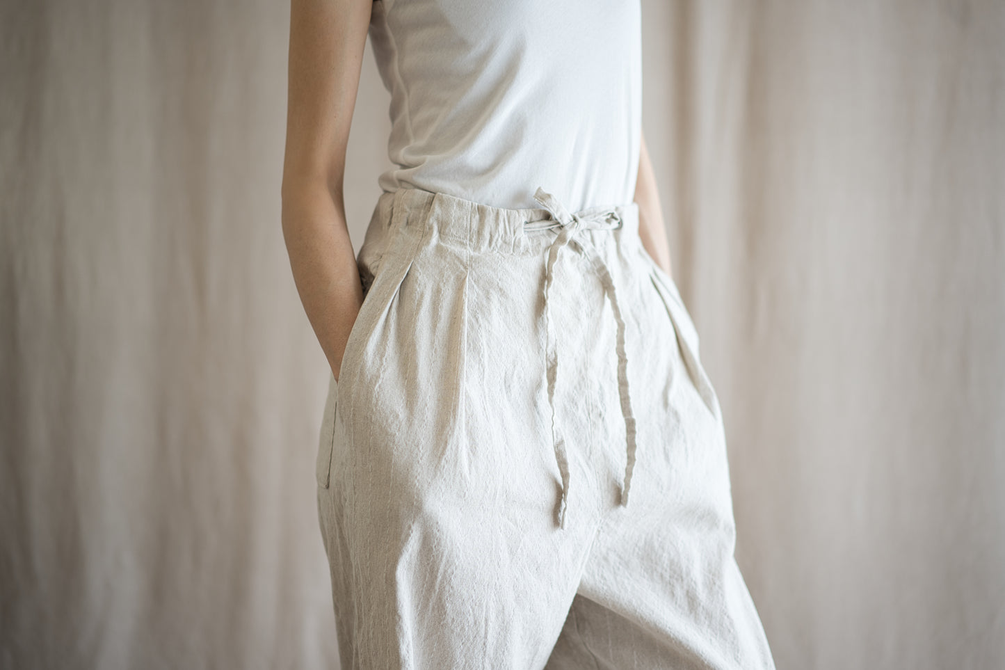 Linen Rayon Pinstripes Pants/Ecru(White Pins)