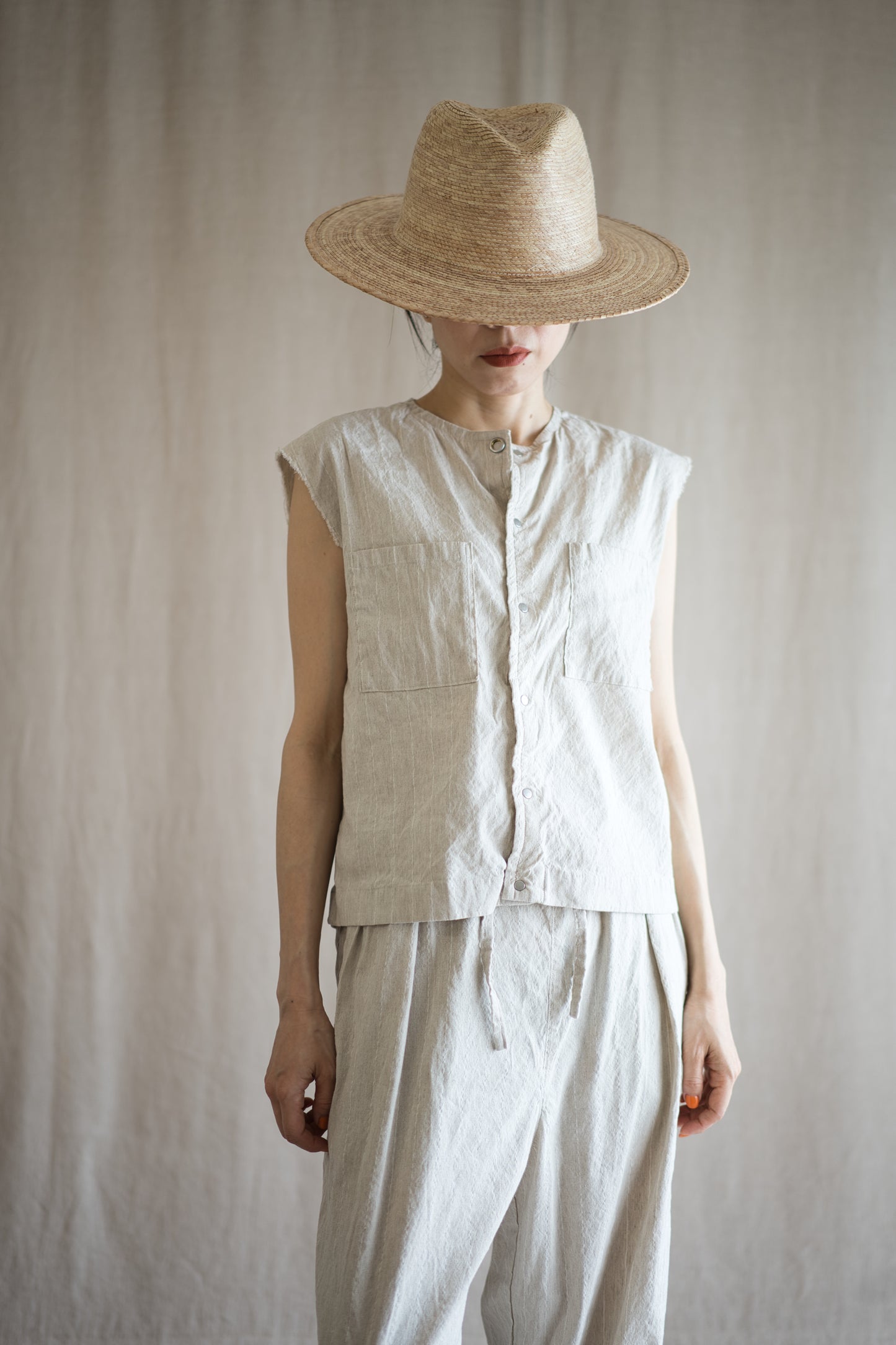 Linen Rayon Pinstripes Pants/Ecru(White Pins)