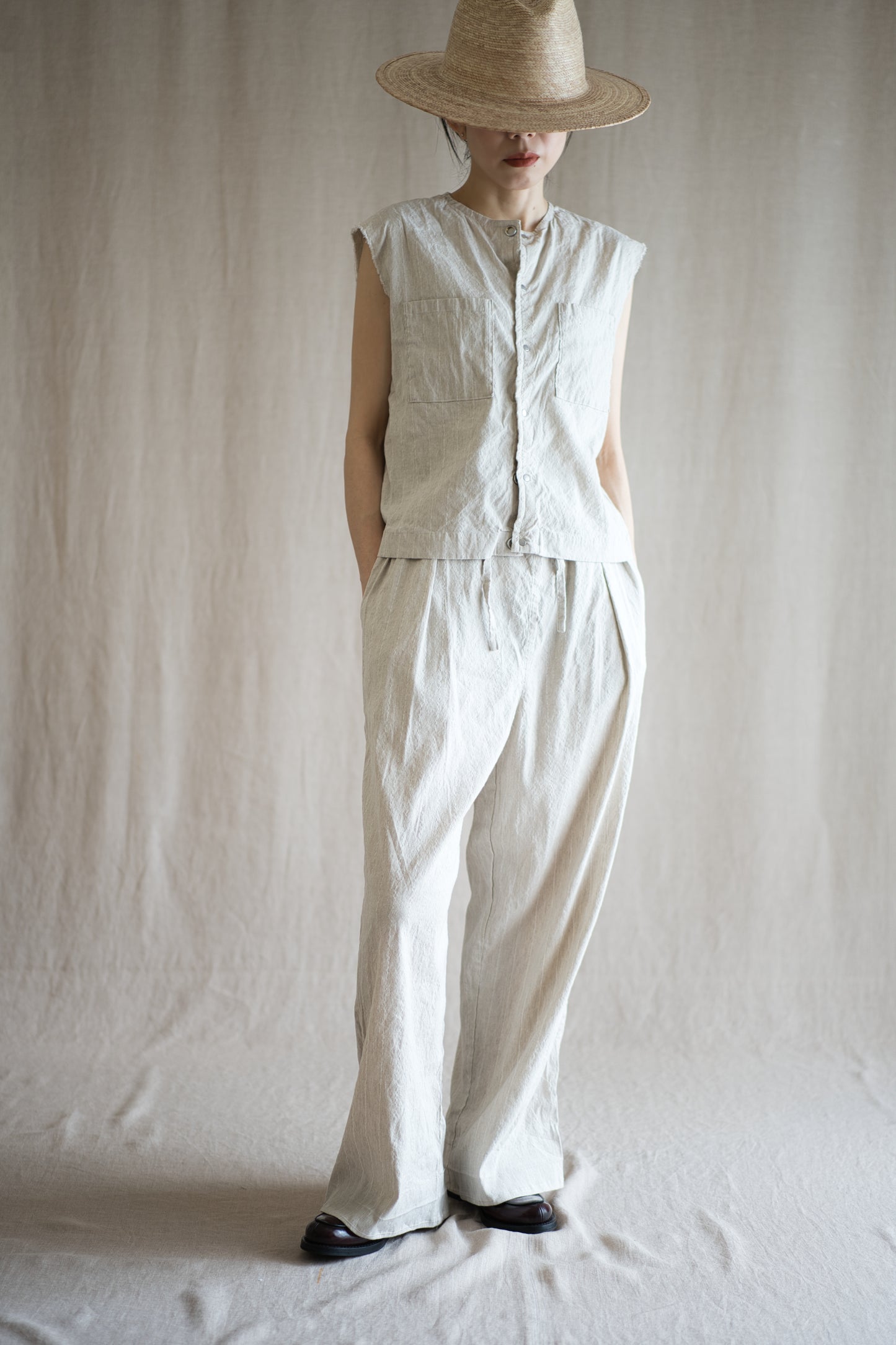 Linen Rayon Pinstripes Pants/Ecru(White Pins)