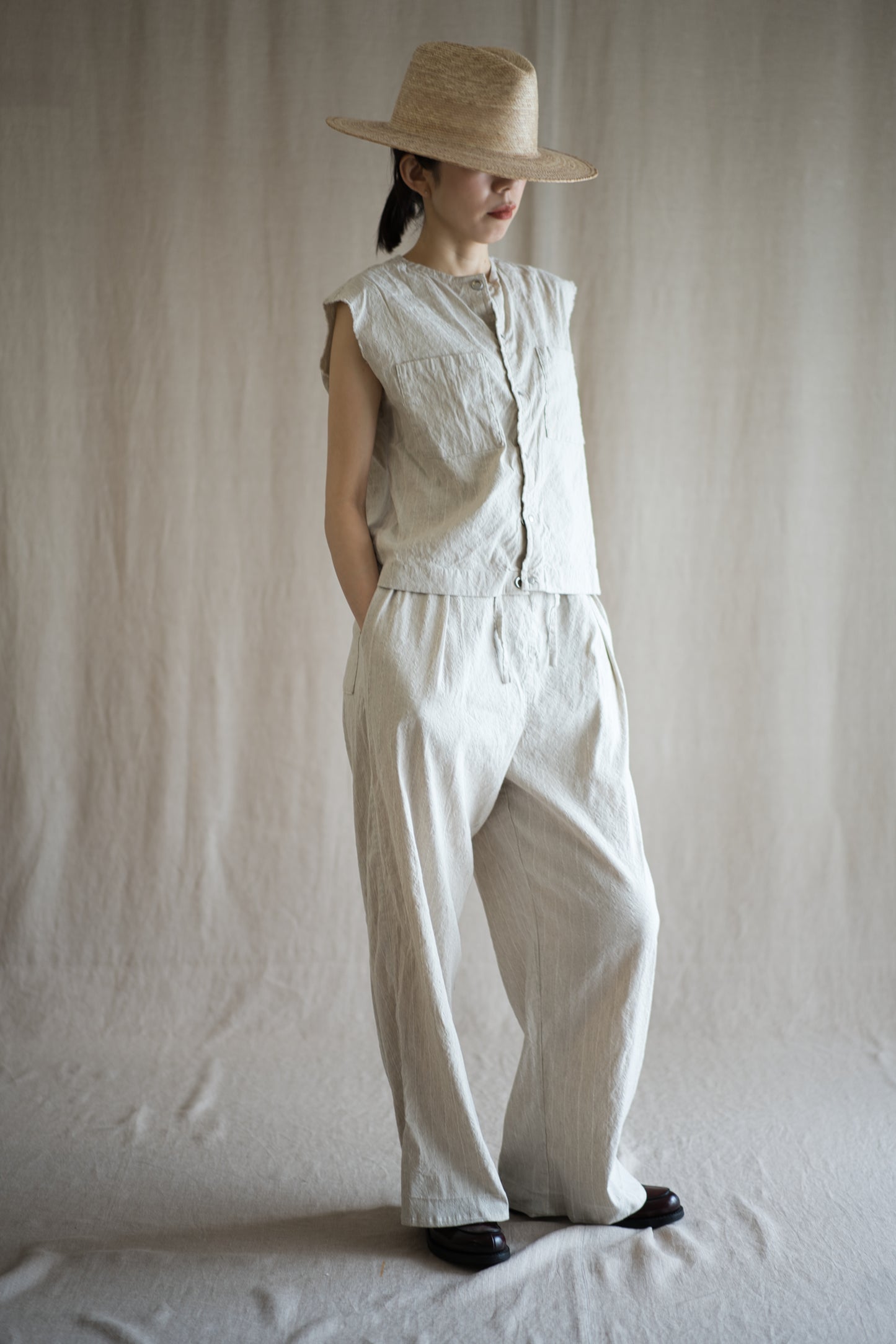 Linen Rayon Pinstripes Pants/Ecru(White Pins)