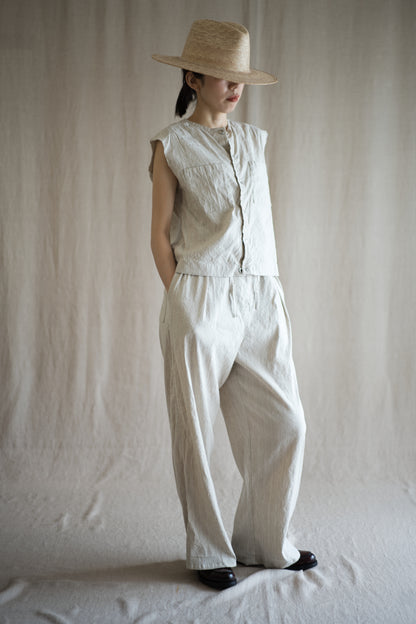 Linen Rayon Pinstripes Pants/Ecru(White Pins)