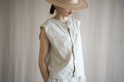 Linen Rayon Pinstripes Sleeveless/Ecru(White Pins)