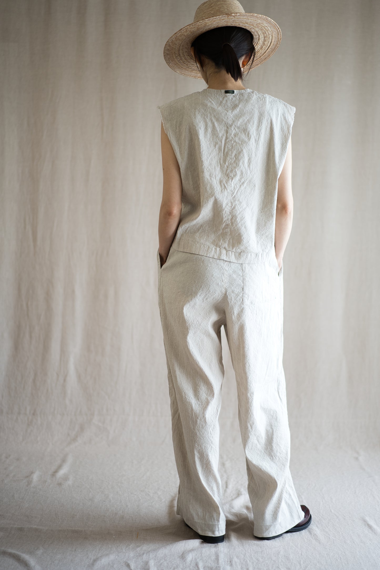 Linen Rayon Pinstripes Pants/Ecru(White Pins)