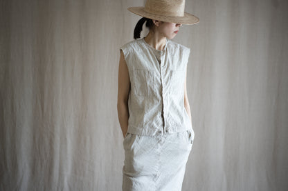 Linen Rayon Pinstripes Sleeveless/Ecru(White Pins)
