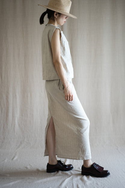 Linen Rayon Pinstripes Skirt/Ecru(White Pins)