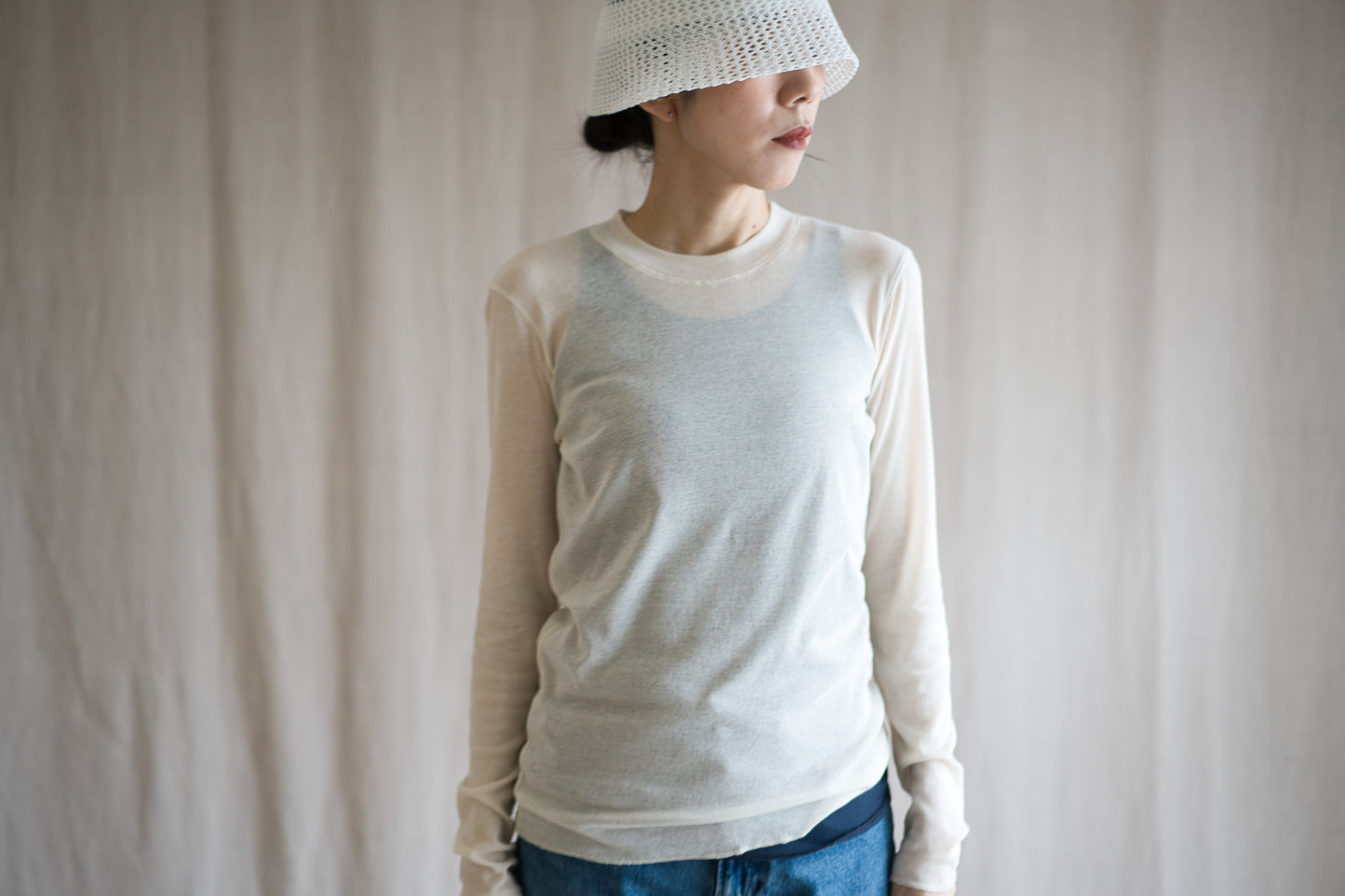 シアーリブクルーロングT/Sheer Rib Crewneck Long-Sleeved T/White Chalk