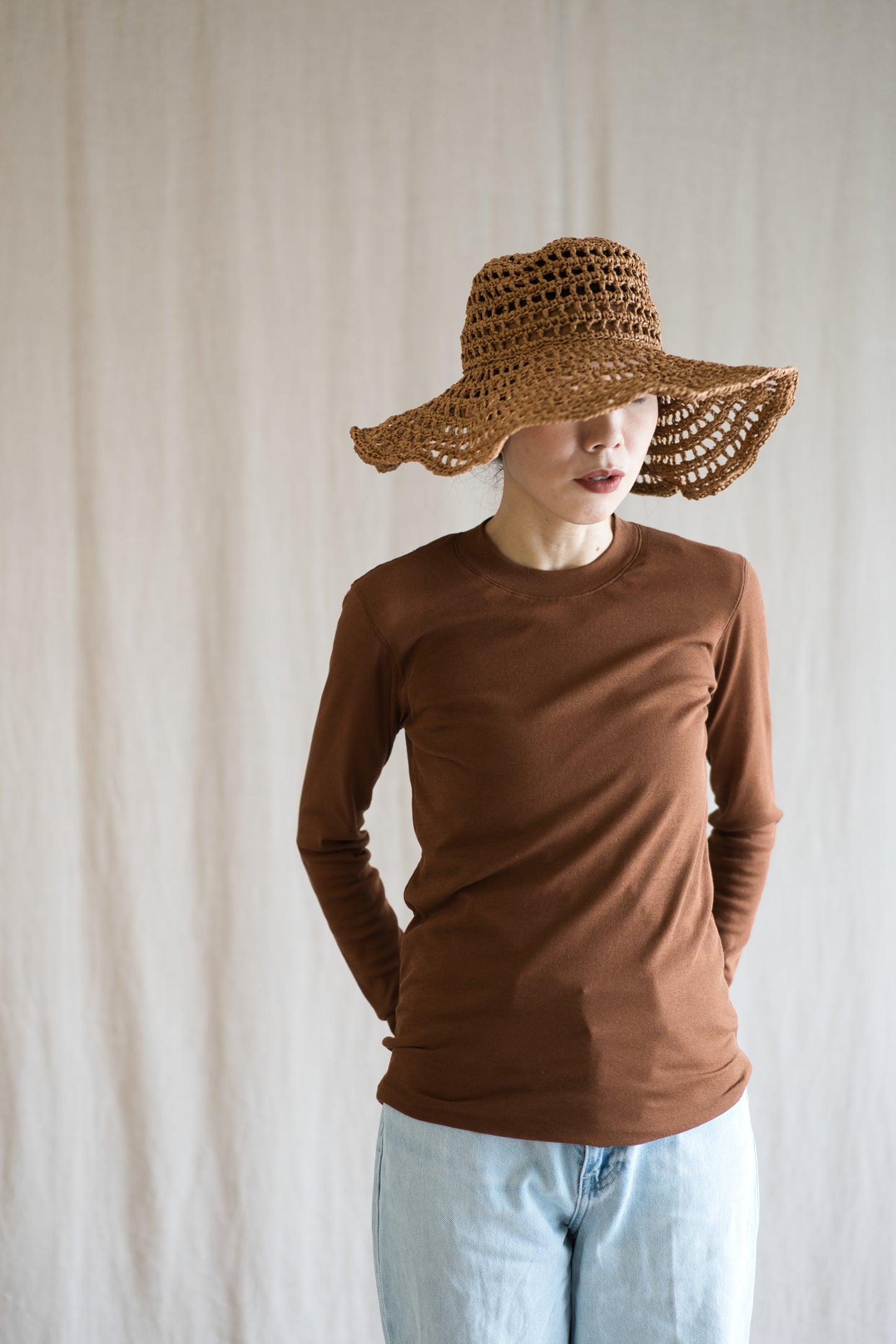 シアーリブクルーロングT/Sheer Rib Crewneck Long-Sleeved T/Rich Camel