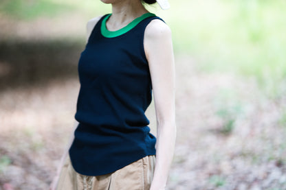 強撚リブタンクトップHigh-twisted Tank top/Dark navy/green