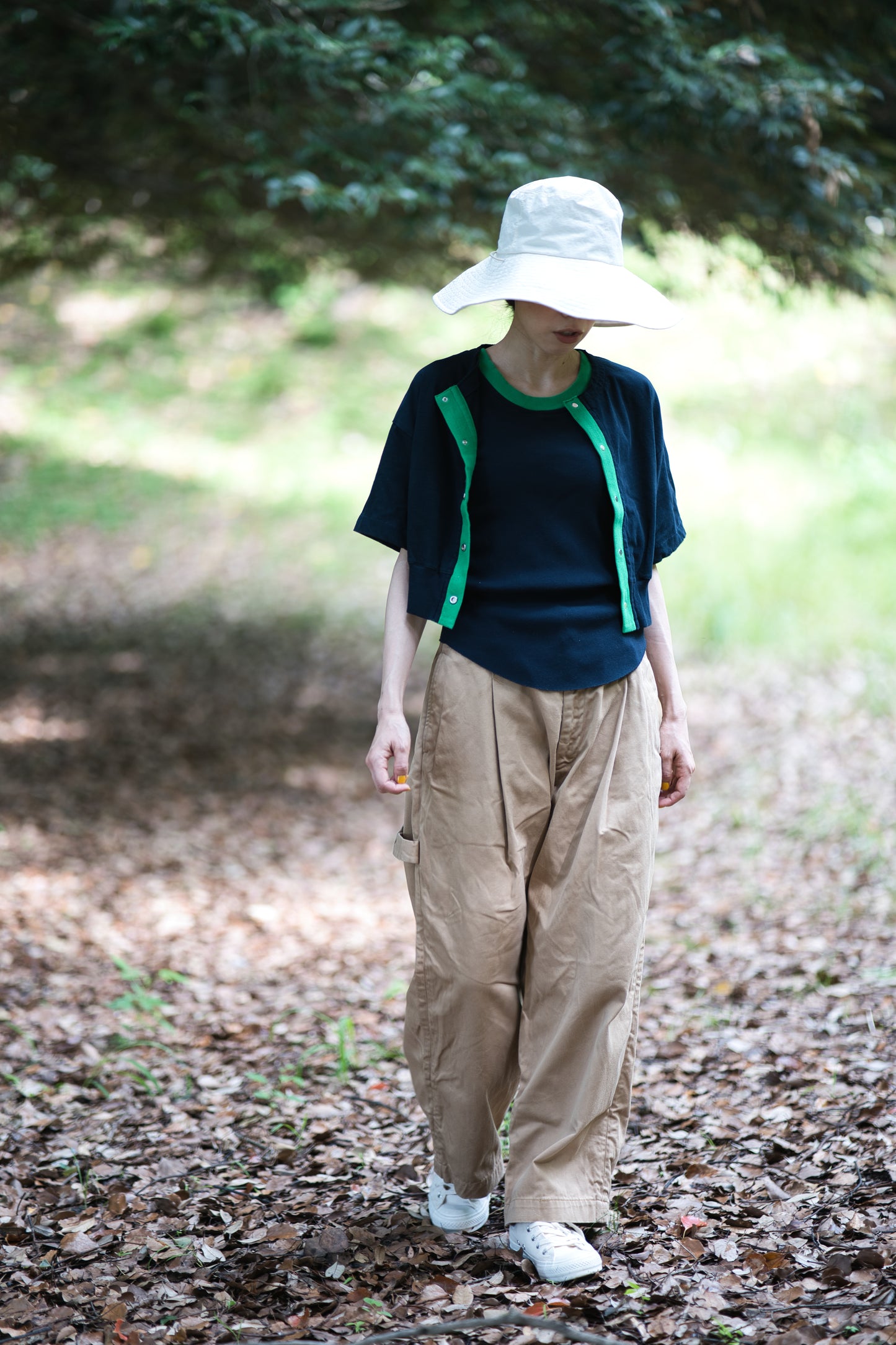 強撚糸コットン 半袖カーディガン/High-twisted yarn  cardigan/Dark navy/green