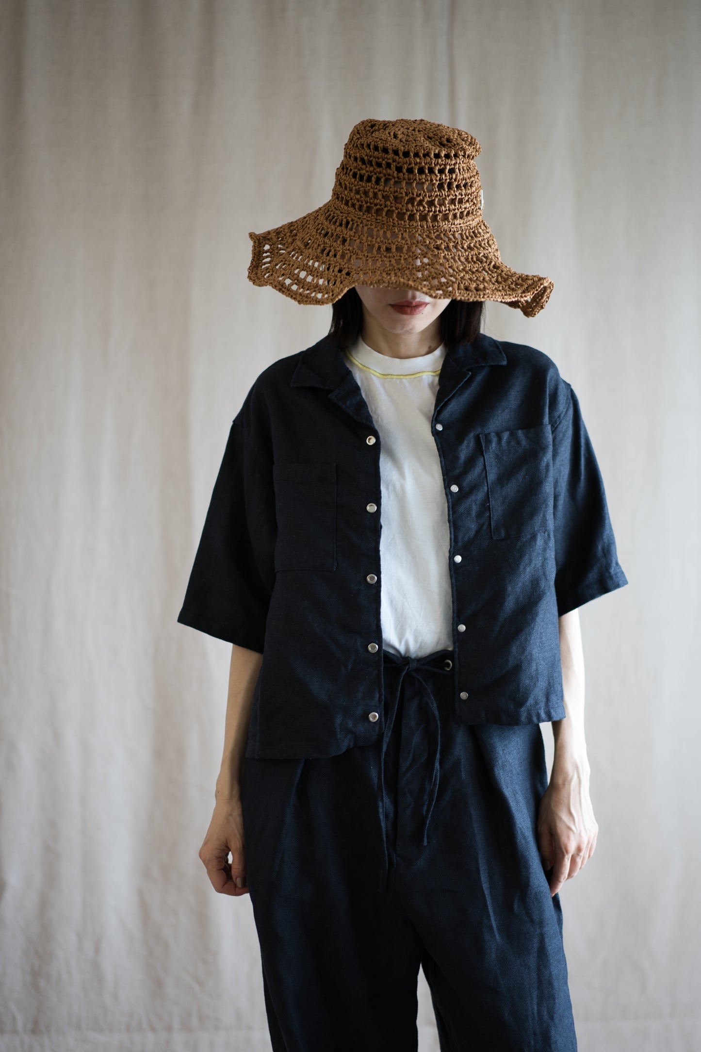 Oxford Linen Half-sleeved Shirt/Night Navy