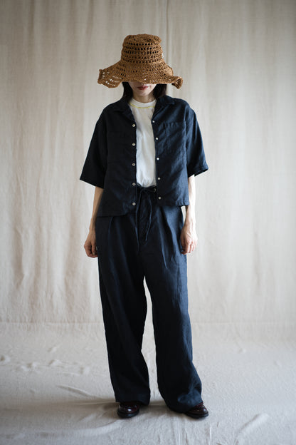 Oxford Linen Half-sleeved Shirt/Night Navy
